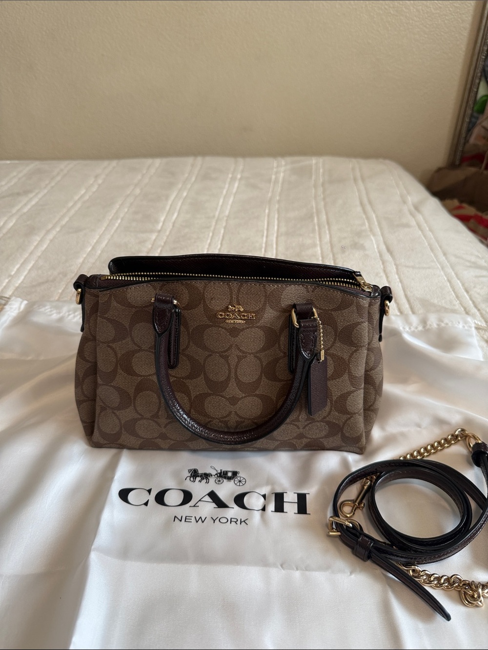 Coach Brown Signature Mini Satchel with Dark Trim and Gold Hardware